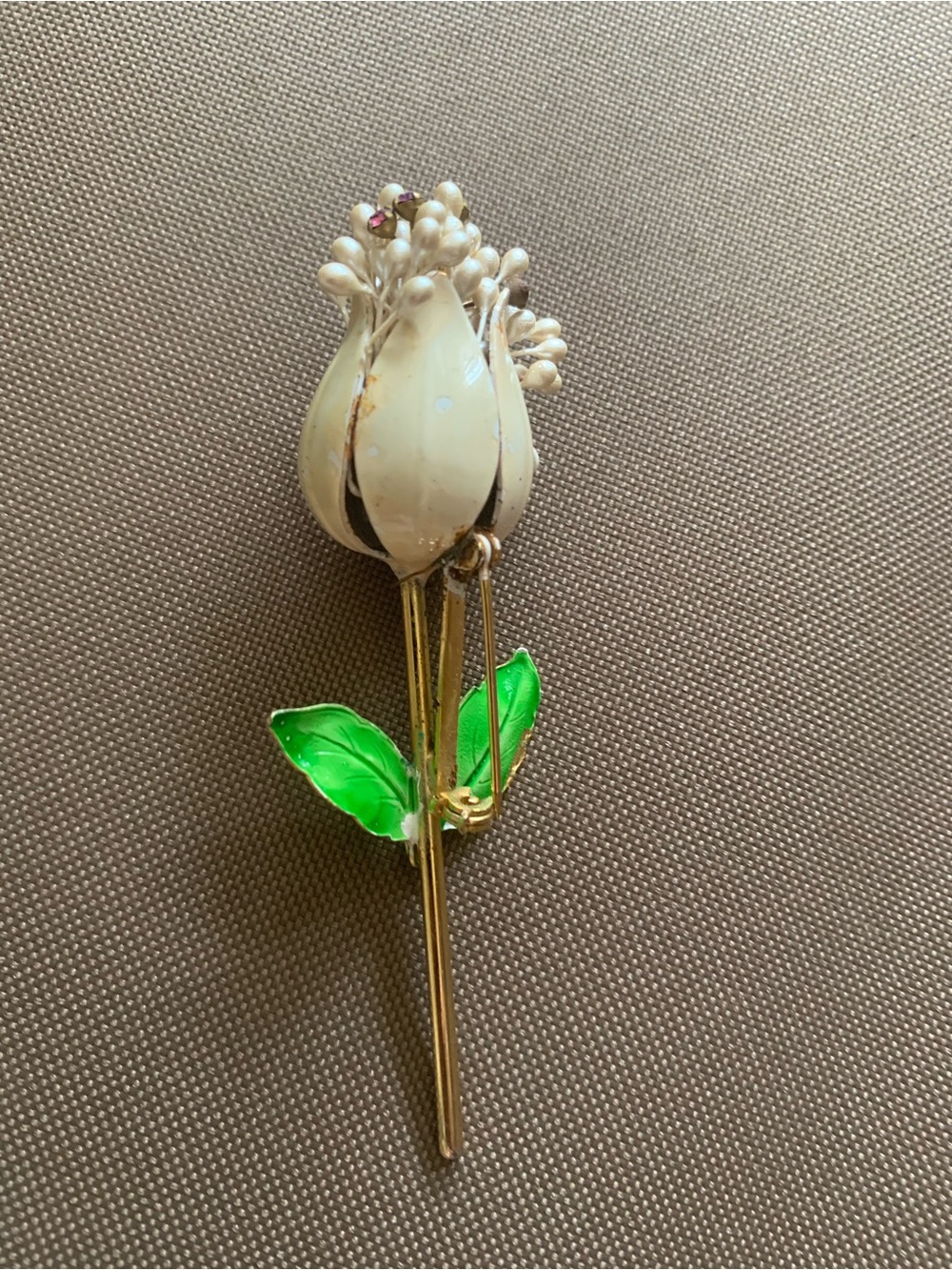Gold Stem White Bud and Green Leaf Floral Brooch